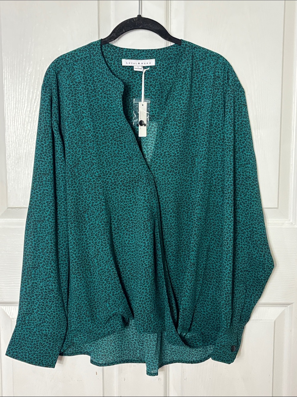 NEW Loyal Hana Green Leopard Print Faux Wrap Blouse Maternity Breastfeeding Sz L